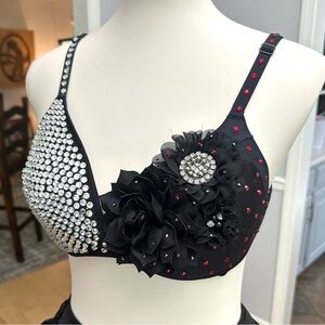 Black Embellished Bra with Rhinestones and Flowers